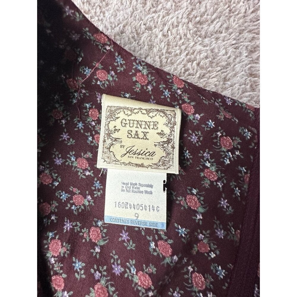 Gunne Sax by Jessica RARE 1970s Vintage Dress Burgundy Calico Midi Dress Size 9 - Picture 9 of 16